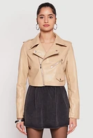 Womens Daisy Faux Leather Cropped Moto Jacket, Beige, Size L