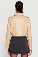 Womens Daisy Faux Leather Cropped Moto Jacket, Beige, Size L