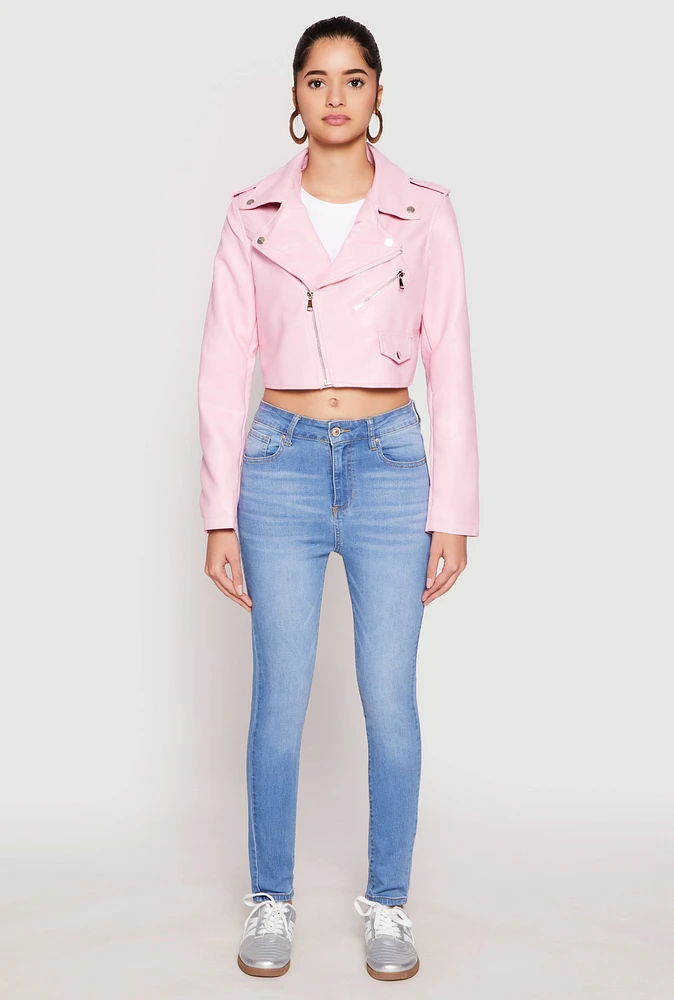 Womens Daisy Faux Leather Cropped Moto Jacket, Pink, Size S