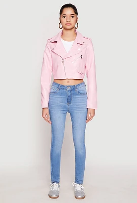 Womens Daisy Faux Leather Cropped Moto Jacket, Pink, Size S