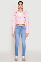 Womens Daisy Faux Leather Cropped Moto Jacket, Pink, Size S