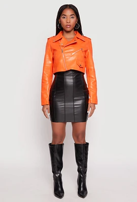 Womens Daisy Faux Leather Cropped Moto Jacket, Orange, Size S