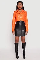 Womens Daisy Faux Leather Cropped Moto Jacket, Orange, Size S