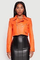 Womens Daisy Faux Leather Cropped Moto Jacket, Orange, Size S