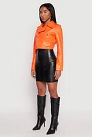 Womens Daisy Faux Leather Cropped Moto Jacket, Orange, Size M