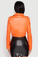 Womens Daisy Faux Leather Cropped Moto Jacket, Orange, Size M