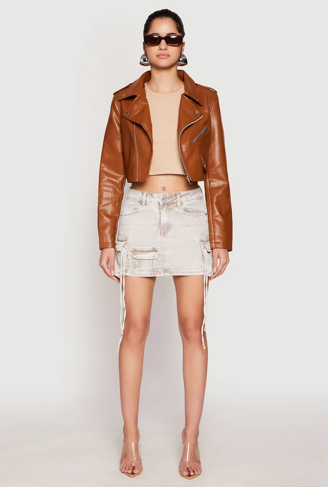 Womens Daisy Faux Leather Cropped Moto Jacket,