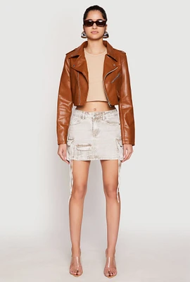 Womens Daisy Faux Leather Cropped Moto Jacket,