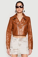 Womens Daisy Faux Leather Cropped Moto Jacket,