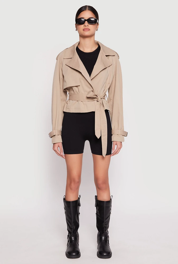 Womens Haute Monde Cropped Trench Coat, Beige, Size S