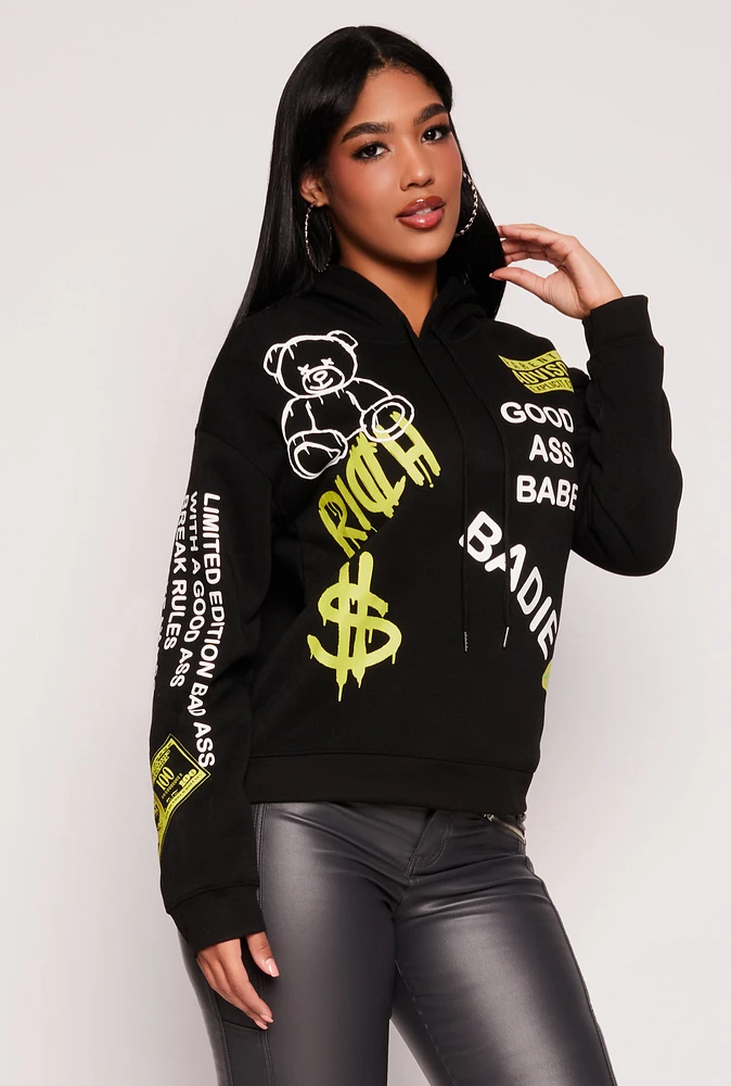 Womens Graphic Hooded Sweatshirt, Black,