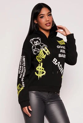 Womens Graphic Hooded Sweatshirt, Black,