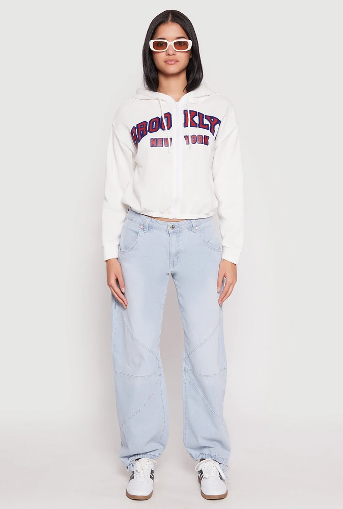 Womens Destination Graphic Cropped Hooded Sweatshirt, White, Size L
