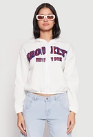 Womens Destination Graphic Cropped Hooded Sweatshirt, White, Size L