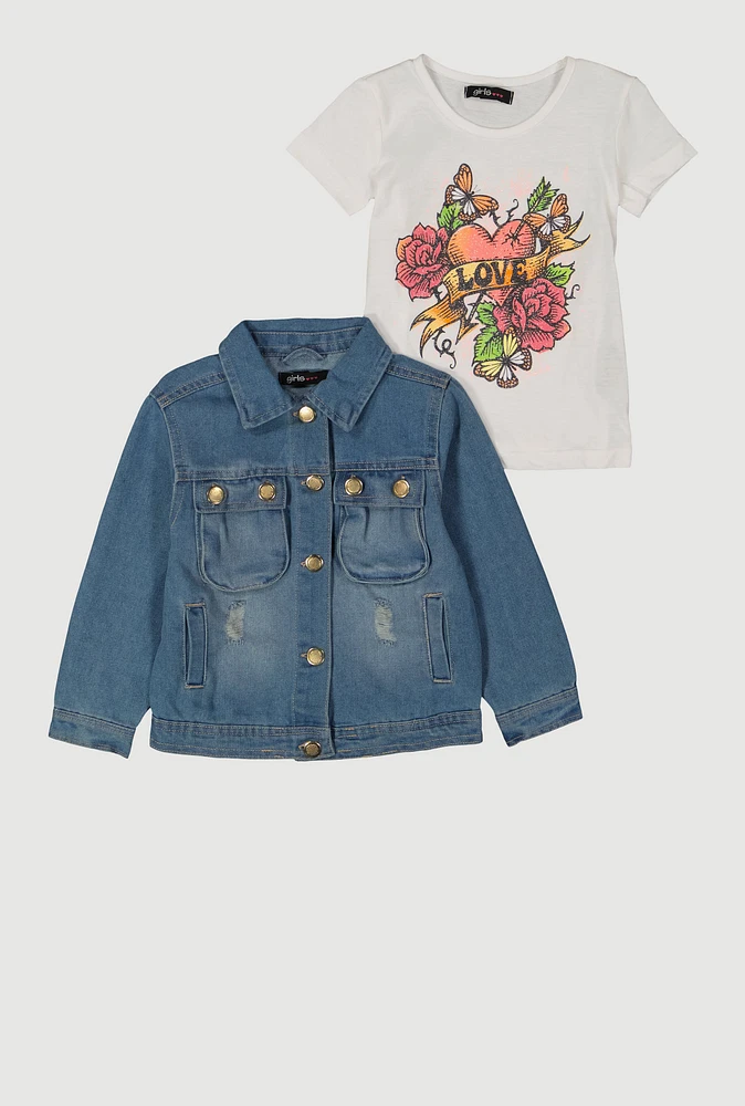 Toddler Girls Love Graphic Top and Denim Jacket, Multi,