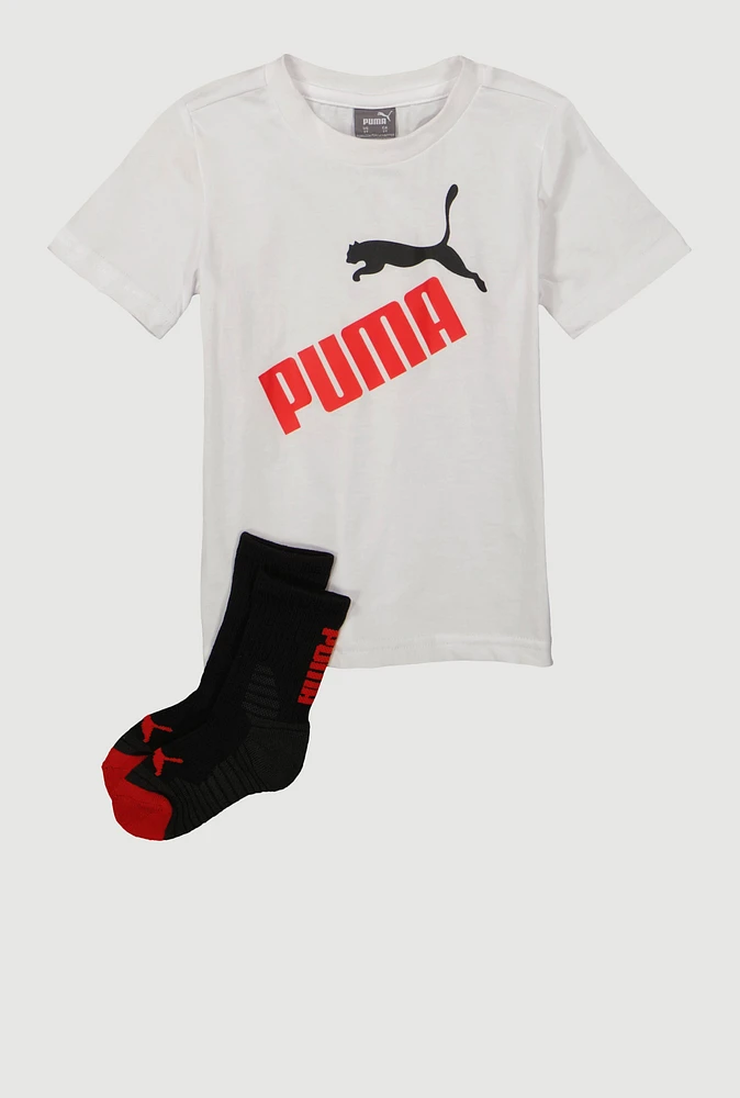 Toddler Boys Puma Logo T Shirt and Socks, White, Size 4T