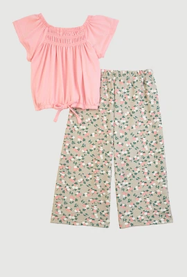 Toddler Girls Short Sleeve Blouse and Floral Print Pants, Pink, Size 4T