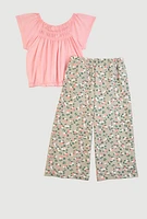 Toddler Girls Short Sleeve Blouse and Floral Print Pants, Pink, Size 4T