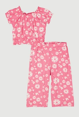 Toddler Girls Ribbed Knit Floral Top and Wide Leg Pants, Pink, Size 3T