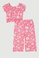 Toddler Girls Ribbed Knit Floral Top and Wide Leg Pants, Pink, Size 3T