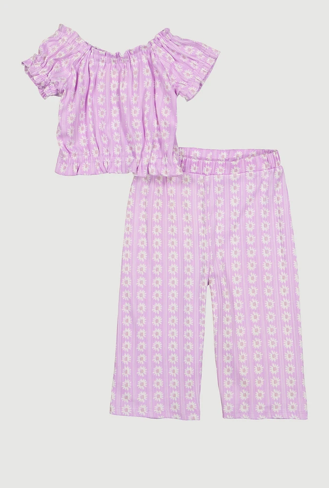 Toddler Girls Sunflower Print Top and Wide Leg Pants, Purple, Size 3T