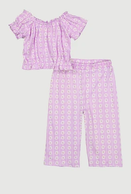 Toddler Girls Sunflower Print Top and Wide Leg Pants, Purple, Size 3T