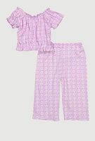Toddler Girls Sunflower Print Top and Wide Leg Pants, Purple, Size 3T