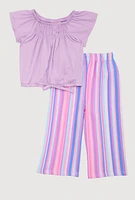 Toddler Girls Smocked Top and Striped Palazzo Pants, Purple, Size 2T