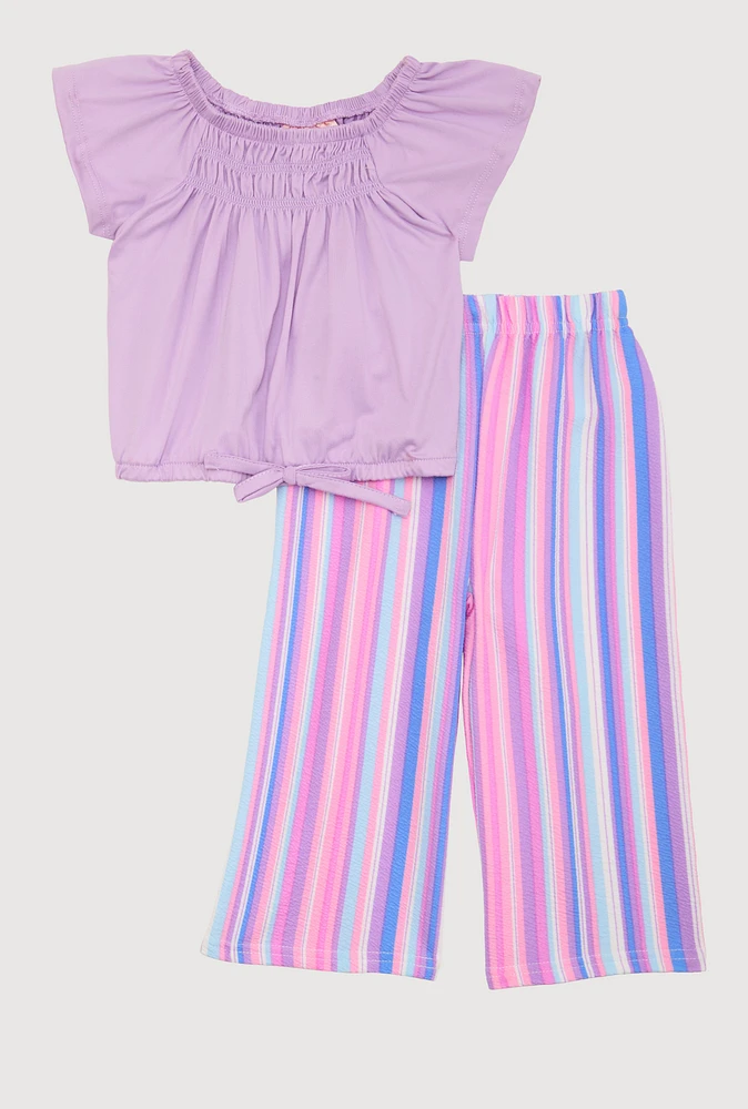 Toddler Girls Smocked Top and Striped Palazzo Pants, Purple, Size 3T