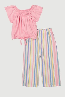 Toddler Girls Smocked Drawstring Top and Striped Palazzo Pants, Pink,