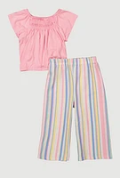 Toddler Girls Smocked Drawstring Top and Striped Palazzo Pants, Pink, Size 3T