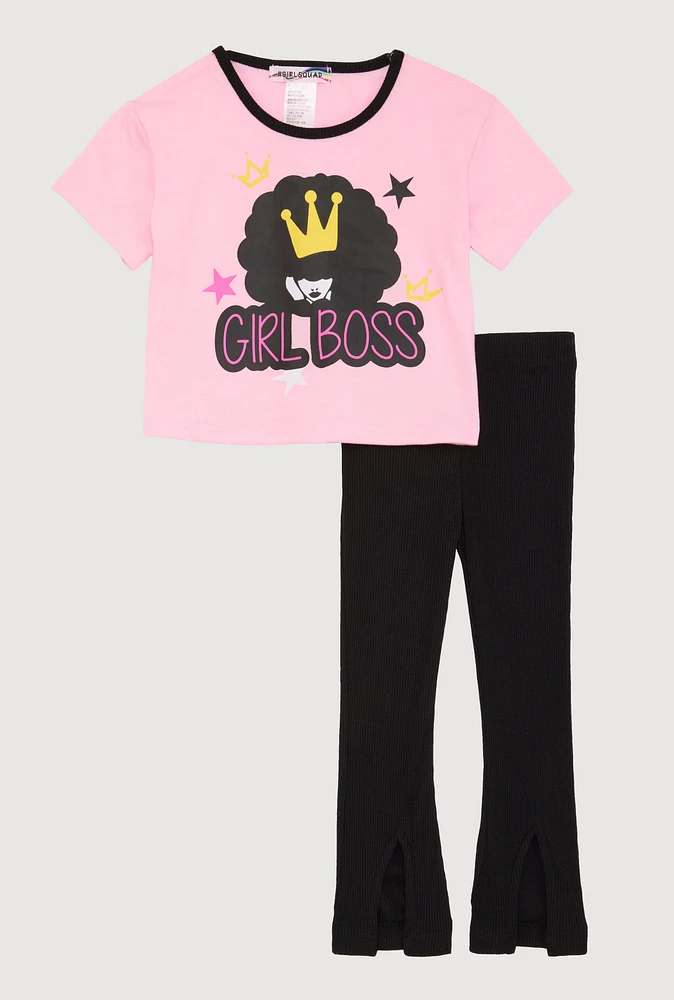 Toddler Girls Girl Boss Graphic Tee and Rib Knit Pants, Pink, Size 2T