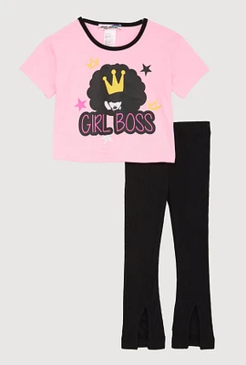 Toddler Girls Girl Boss Graphic Tee and Rib Knit Pants, Pink, Size 2T