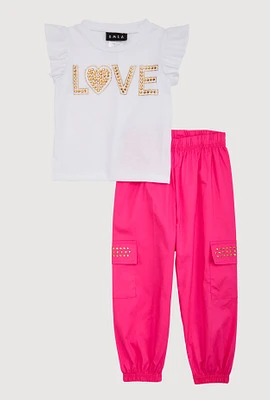 Toddler Girls Rhinestone Love Graphic Top and Joggers, Pink, Size 2T