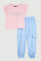 Toddler Girls Rhinestone Queen Graphic Top and Joggers, Multi, Size 2T