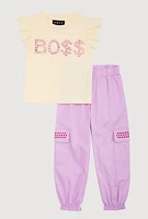 Toddler Girls Rhinestone Boss Graphic Top and Joggers, Purple, Size 2T