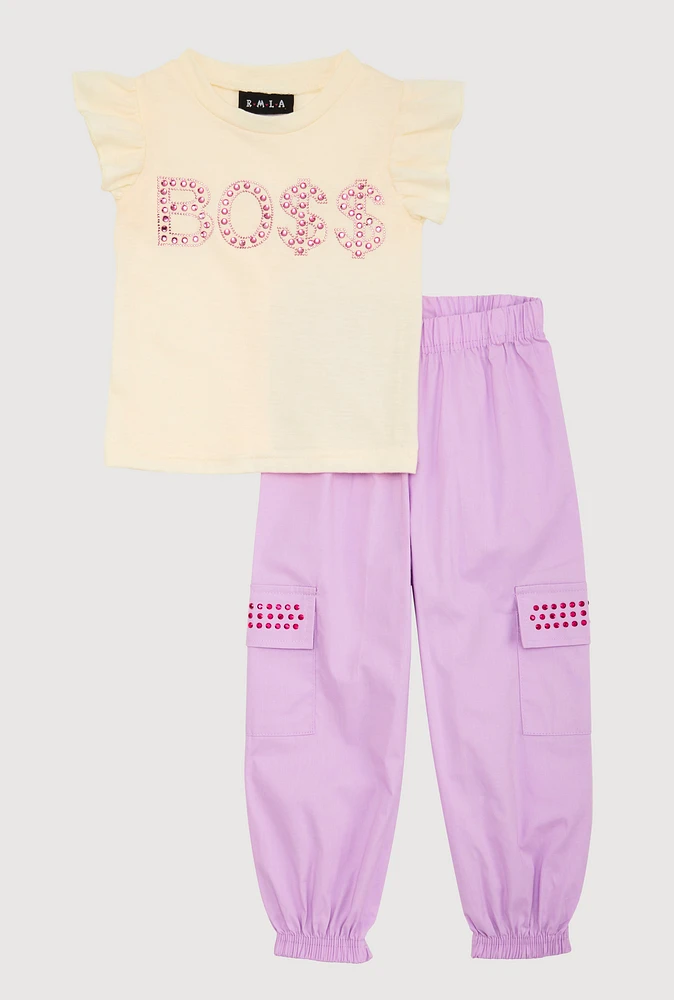 Toddler Girls Rhinestone Boss Graphic Top and Joggers, Purple,