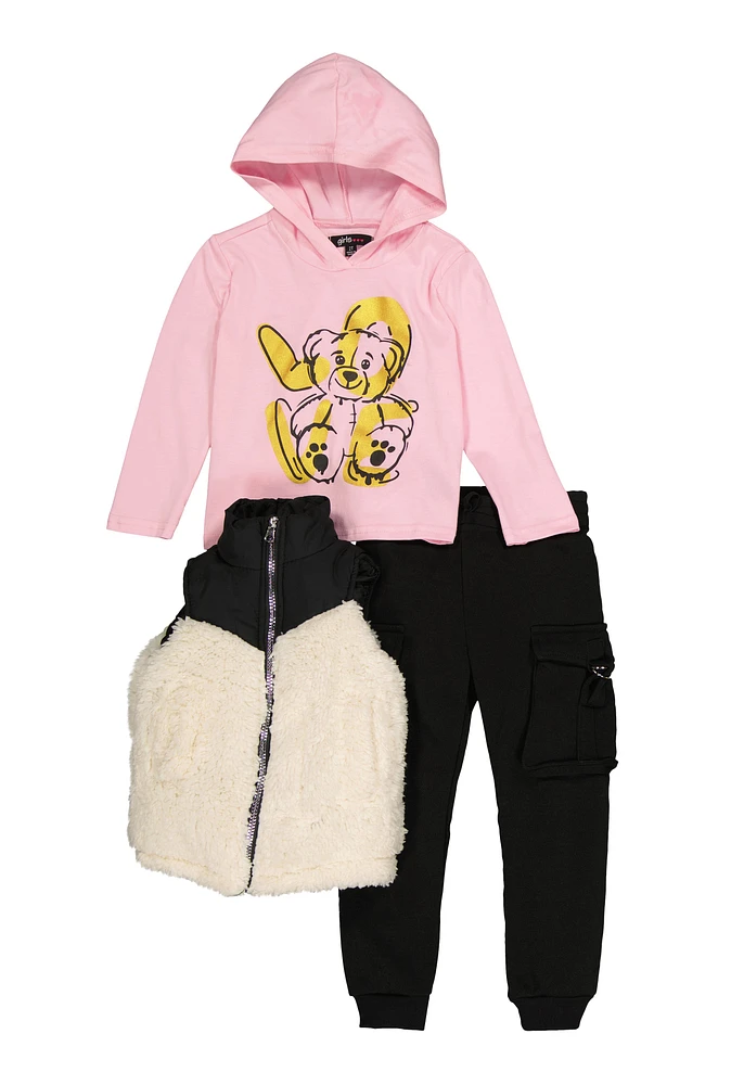 Toddler Girls Love Hooded Top with Sherpa Vest and Joggers, Multi,