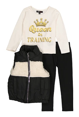 Toddler Girls Queen Graphic Tee and Puffer Vest with Leggings, Multi, Size 3T