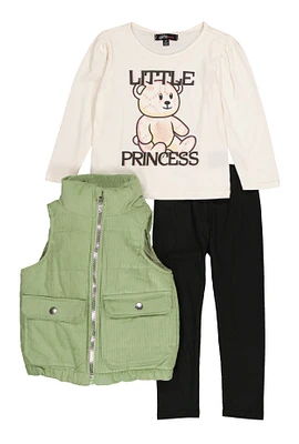 Toddler Girls Little Princess Graphic Top and Vest with Leggings, Multi, Size 2T