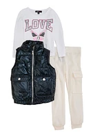 Toddler Girls Metallic Puffer Vest with Love Graphic Top and Joggers, Black,