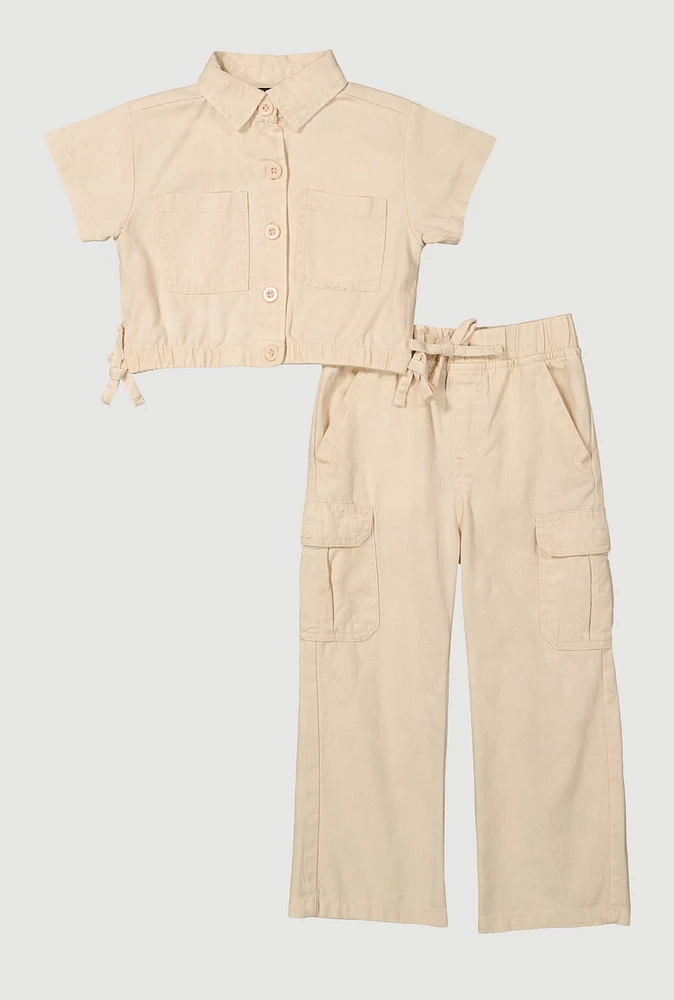 Toddler Girls Button Front Shirt and Cargo Pants, Beige, Size 3T