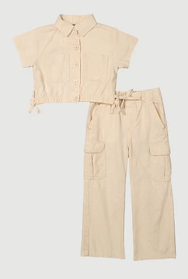 Toddler Girls Button Front Shirt and Cargo Pants, Beige, Size 3T