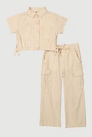 Toddler Girls Button Front Shirt and Cargo Pants, Beige, Size 3T