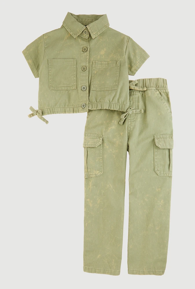Toddler Girls Button Front Shirt and Cargo Pants, Green, Size 2T
