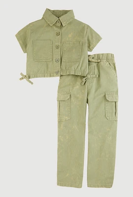 Toddler Girls Button Front Shirt and Cargo Pants, Green, Size 2T