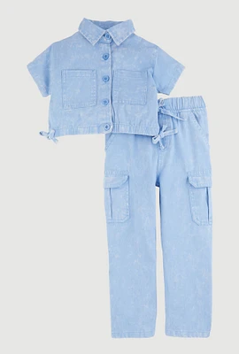 Toddler Girls Button Front Shirt and Cargo Pants, Blue,