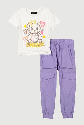 Toddler Girls Unique Bear Tee and Parachute Cargo Pants, White, Size 2T