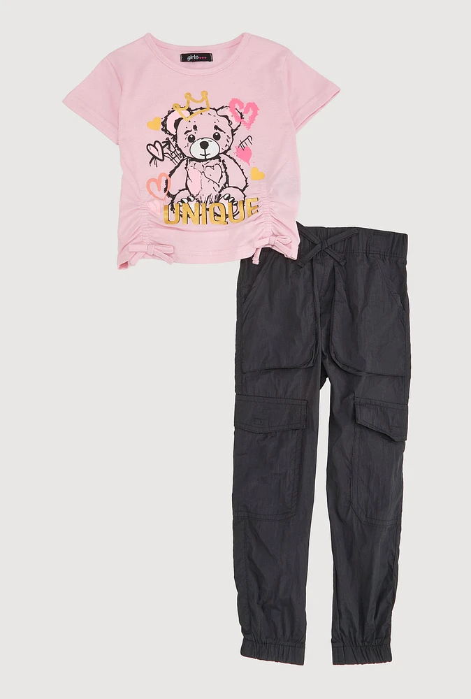 Toddler Girls Unique Bear Tee and Parachute Cargo Pants, Pink, Size 4T