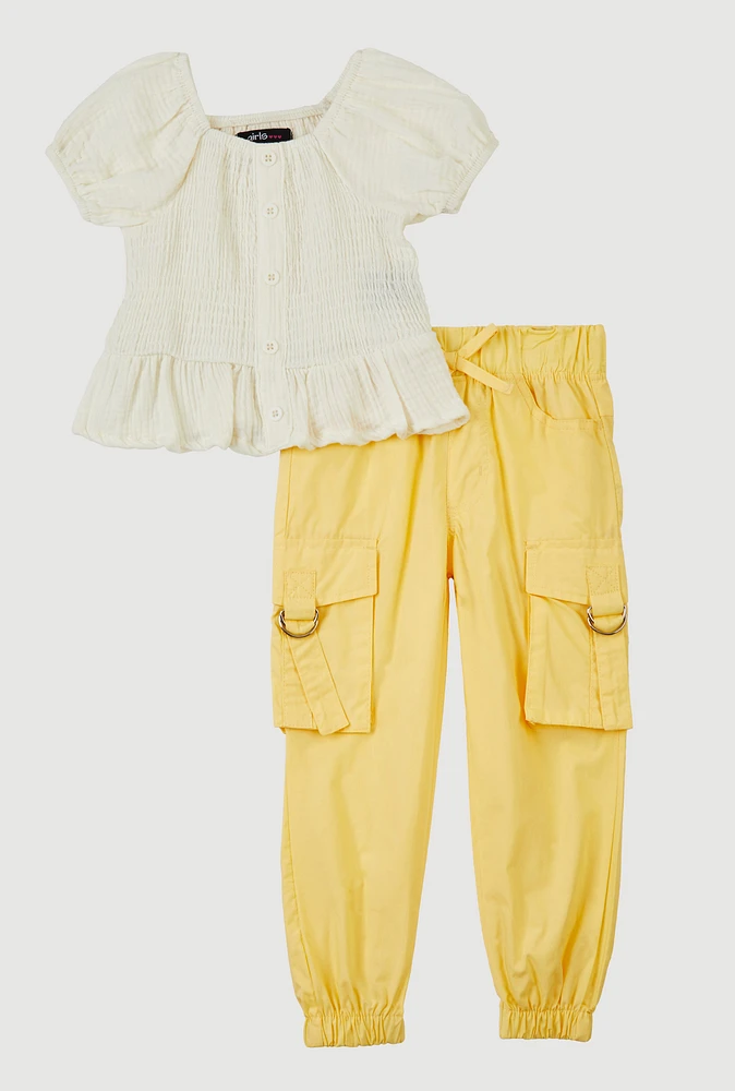 Toddler Girls Smocked Puff Sleeve Blouse and Joggers, Yellow, Size 3T
